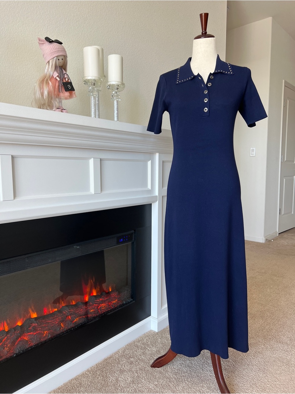 Studded-Collar Navy Polo Maxi Dress